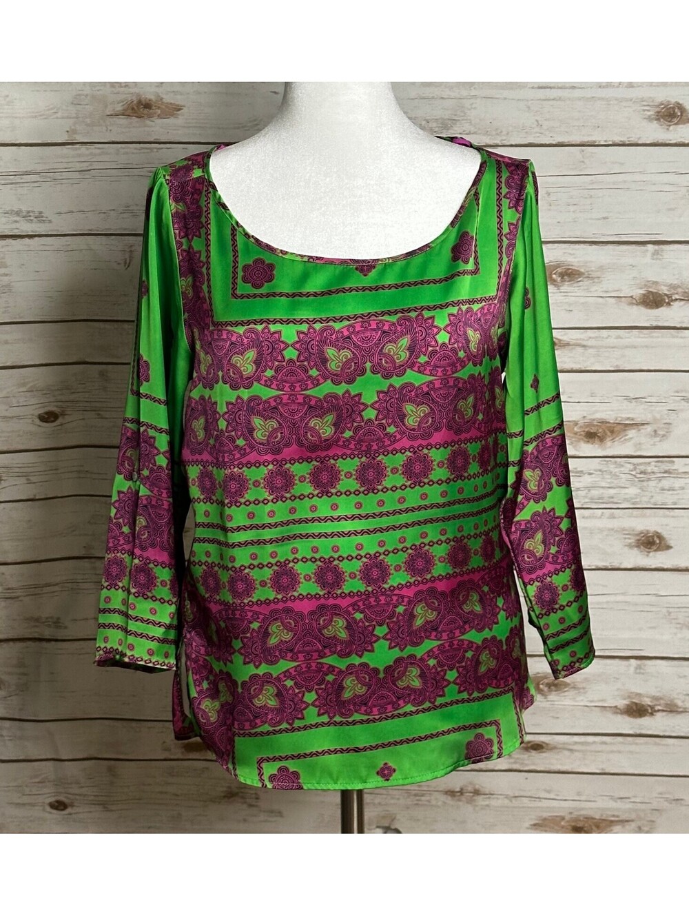 Zara green purple paisley floral 3/4 length sleeve tunic top Medium boho chic